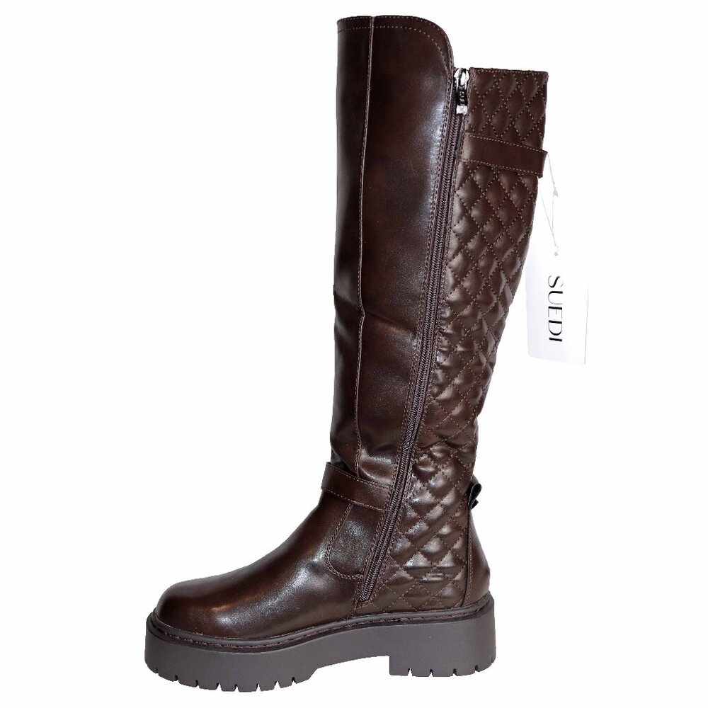 Awesome Suedi Dark Brown Knee High Platform Lug Sole Moto Boot Size 8 NWB - Picture 4 of 7
